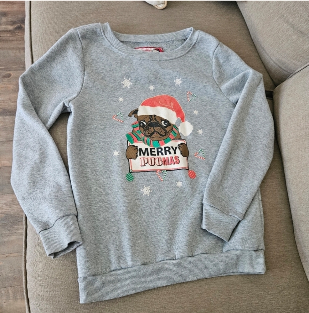 Christmas sweater Small gray merry pugmas crew neck  fleece lined - Picture 2 of 11